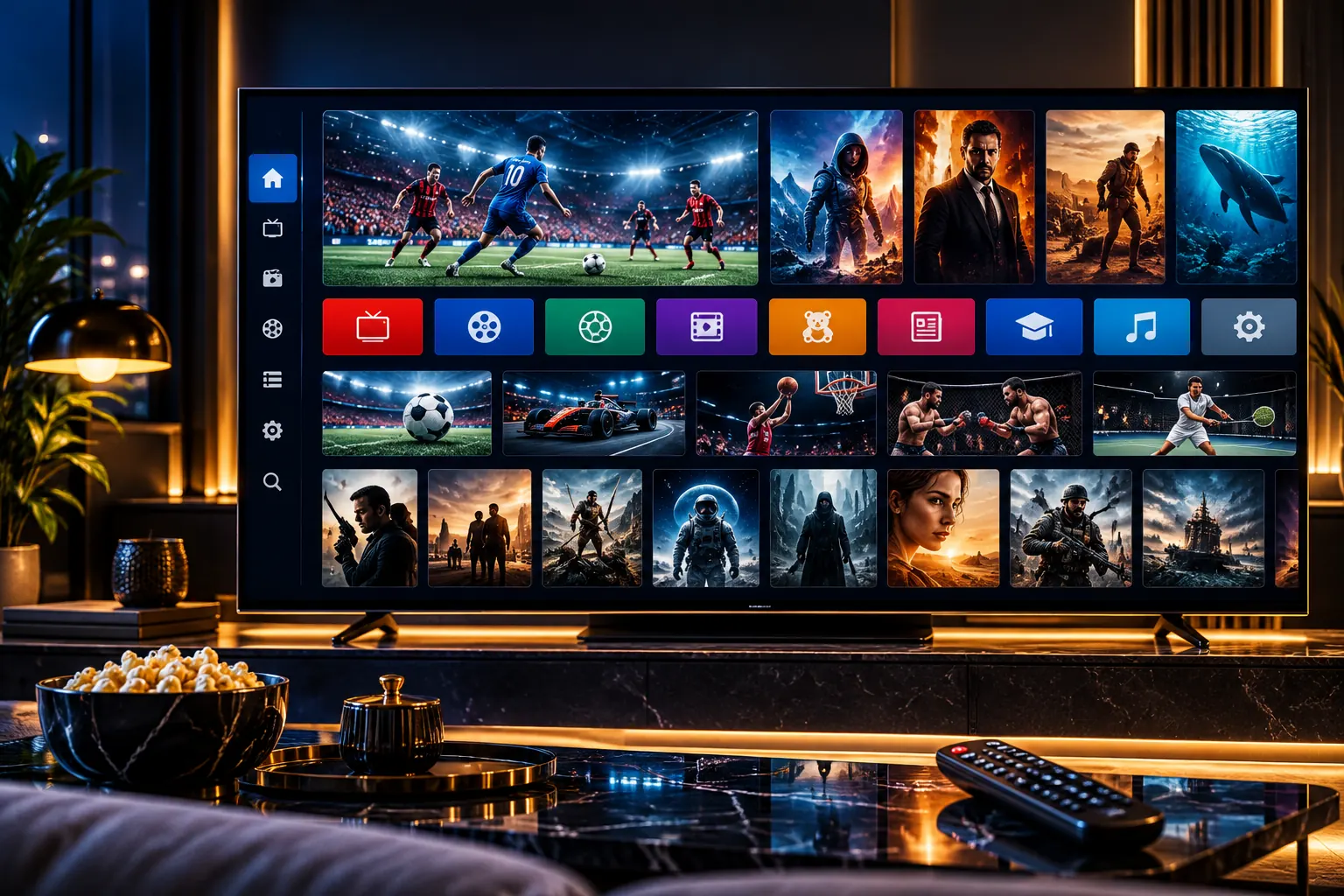 واجهة IPTV فاخرة تعرض قنوات ومحتوى ترفيهي